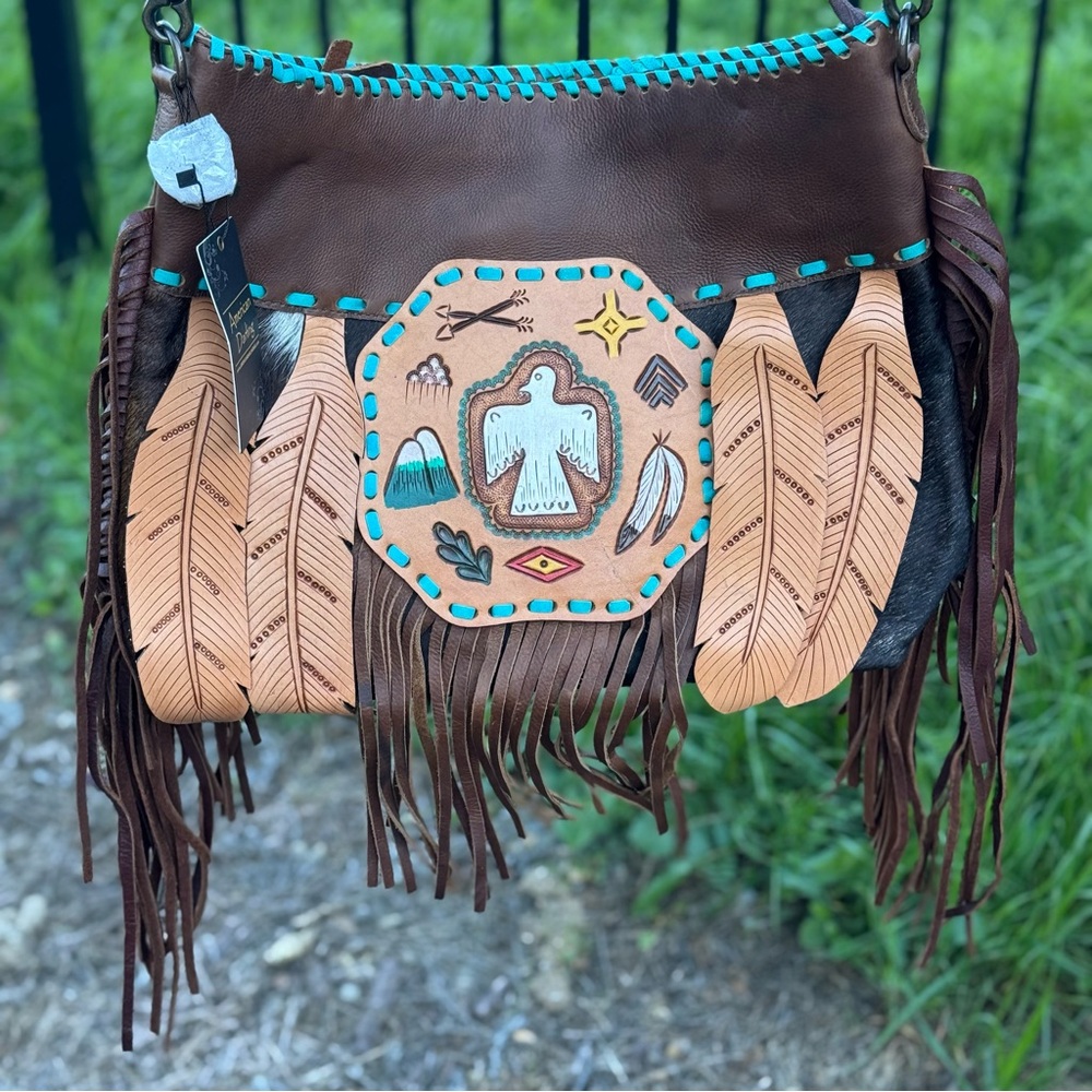 American Darling Eagle Feather Moon Hand Painted Leather Fringe Crossbody Purse